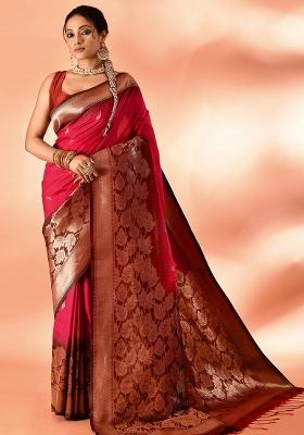 Rani Pink And Bottle Green Weaving Border Silk Saree Set