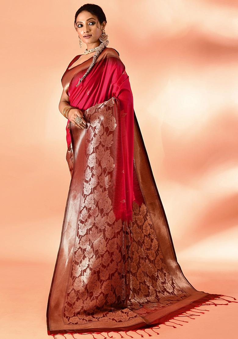 Rani Pink And Bottle Green Weaving Border Silk Saree Set