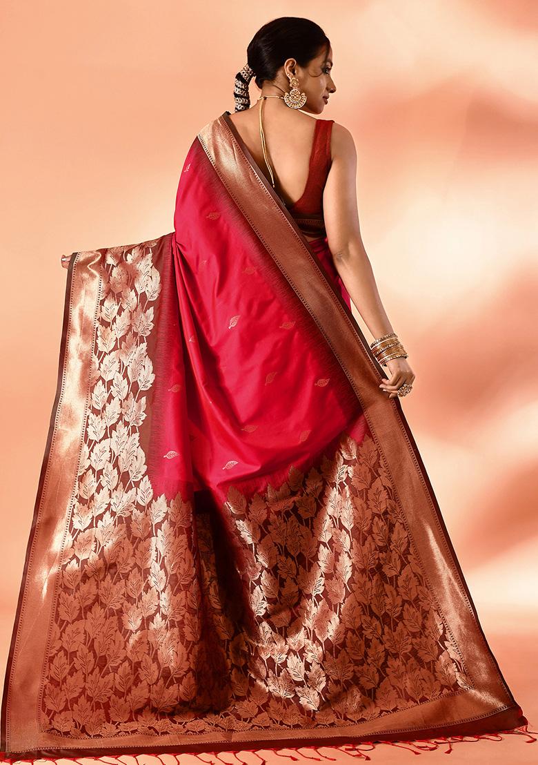 Rani Pink And Bottle Green Weaving Border Silk Saree Set