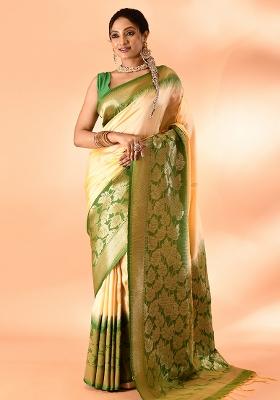 Light Yellow And Parrot Green Weaving Border Silk Saree Set