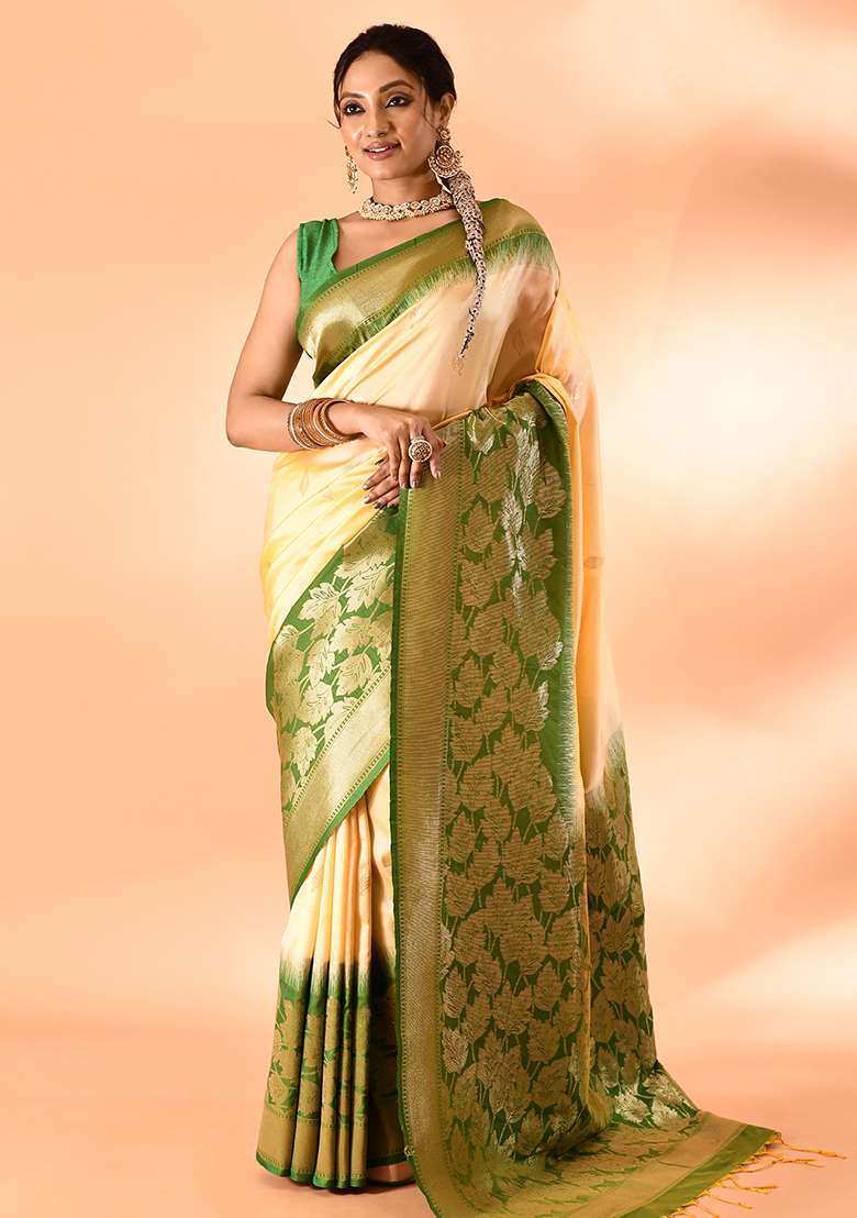 Light Yellow And Parrot Green Weaving Border Silk Blend Saree Set for Diwali | Wedding & Festive Wear - Indya