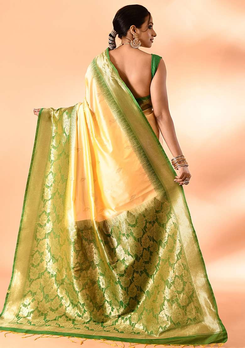 Light Yellow And Parrot Green Weaving Border Silk Blend Saree Set for Diwali | Wedding & Festive Wear - Indya