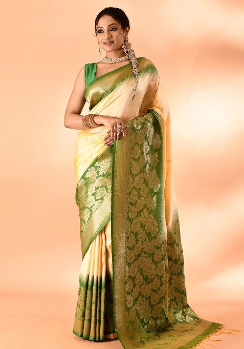 Light Yellow And Parrot Green Weaving Border Silk Saree Set