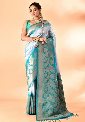 Sky Blue And Rama Weaving Border Silk Saree Set