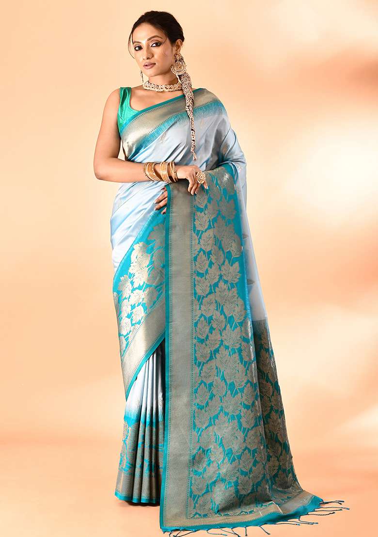 Sky Blue And Rama Weaving Border Silk Blend Saree Set for Diwali | Wedding & Festive Wear - Indya