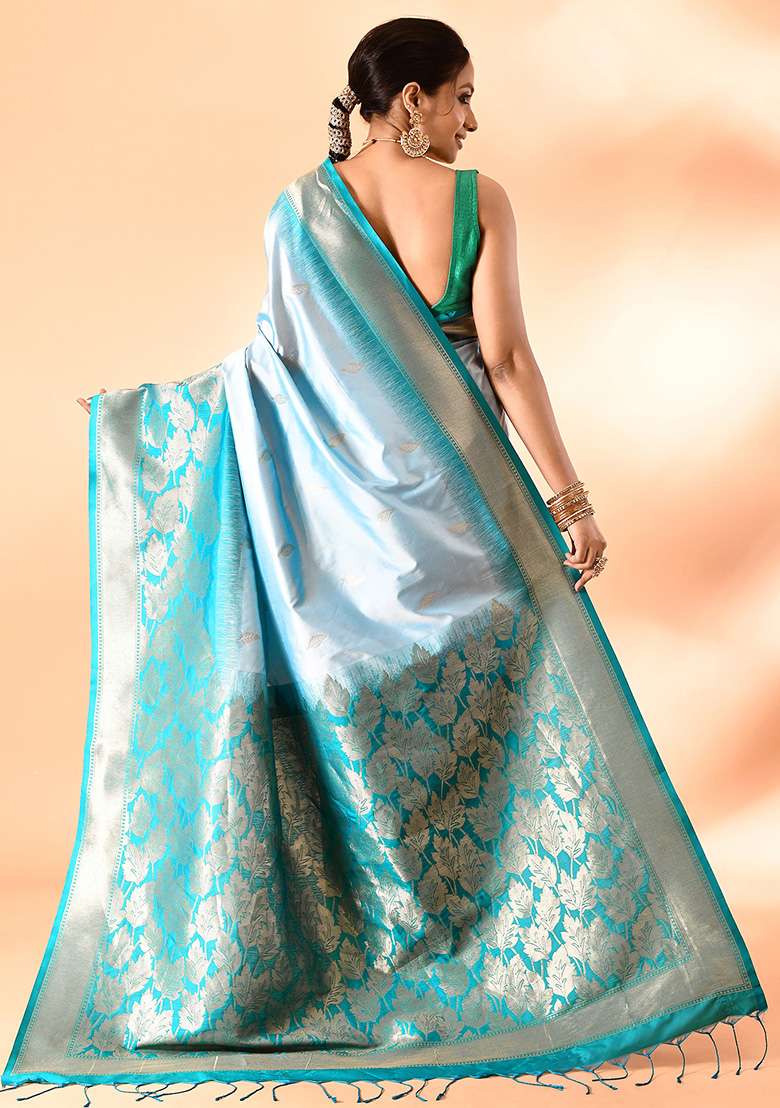 Sky Blue And Rama Weaving Border Silk Blend Saree Set for Diwali | Wedding & Festive Wear - Indya