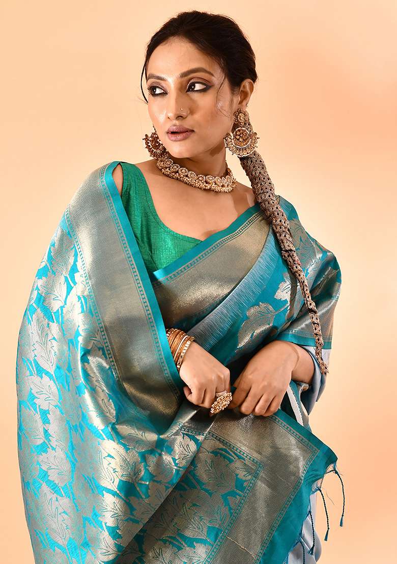Sky Blue And Rama Weaving Border Silk Blend Saree Set for Diwali | Wedding & Festive Wear - Indya