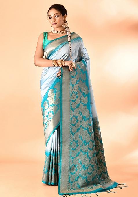 Sky Blue And Rama Weaving Border Silk Saree Set