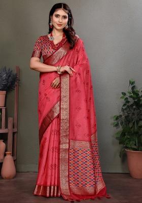 Carrot Red Woven Silk Saree Set