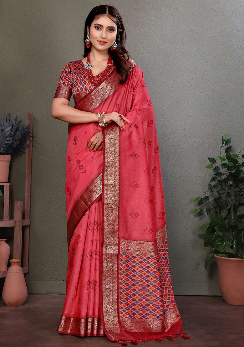 Carrot Red Woven Silk Blend Saree Set for Diwali and Festive Wear - Indya