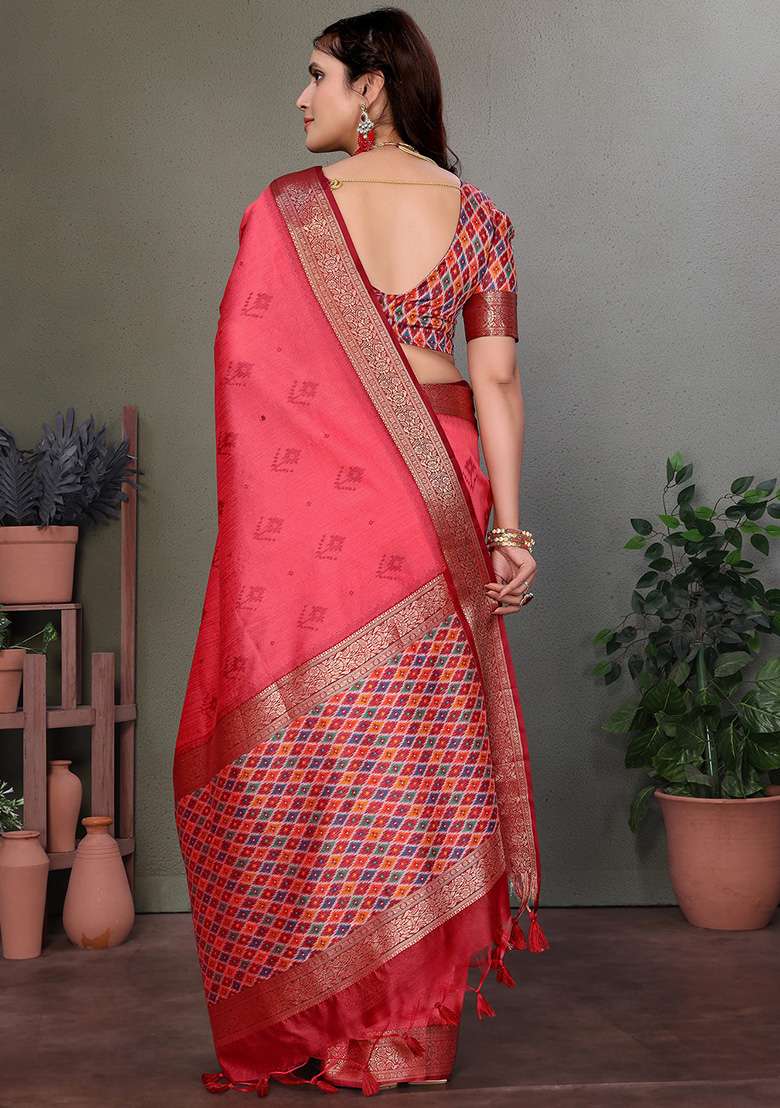 Carrot Red Woven Silk Blend Saree Set for Diwali and Festive Wear - Indya