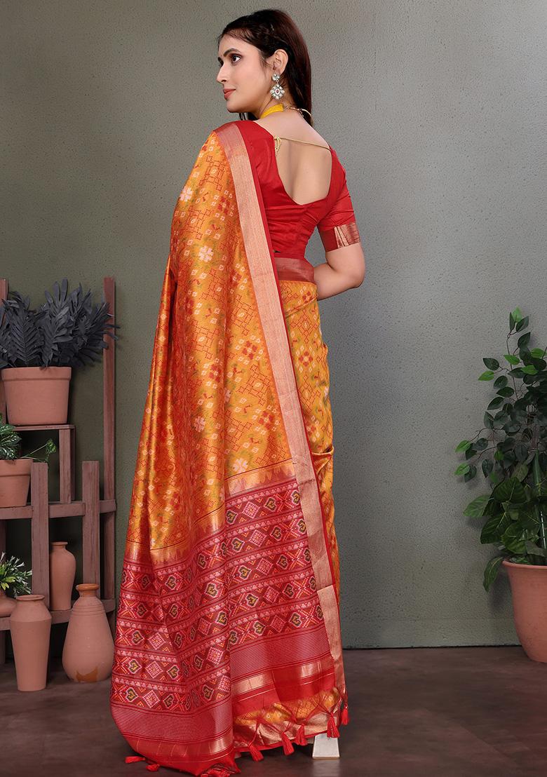 Orange Solid Silk Saree Set