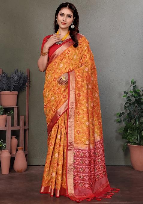 Orange Solid Silk Saree Set