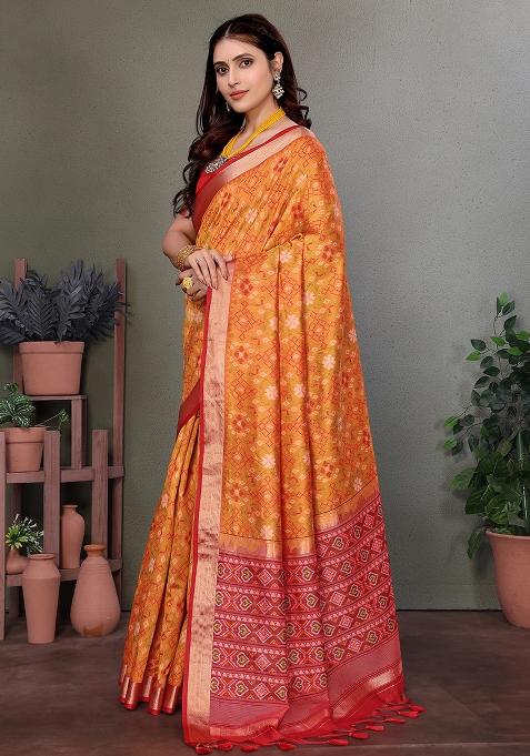 Orange Solid Silk Saree Set