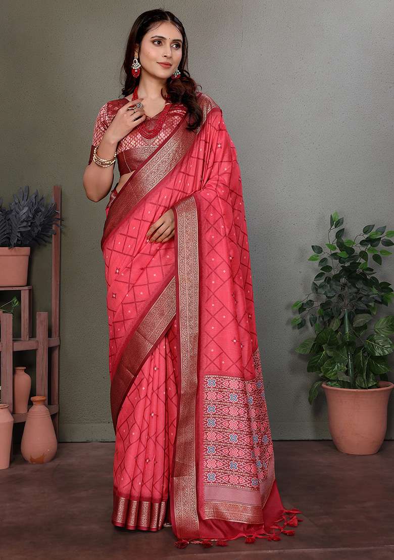 Carrot Red Woven Silk Blend Saree Set for Diwali and Festive Wear - Indya