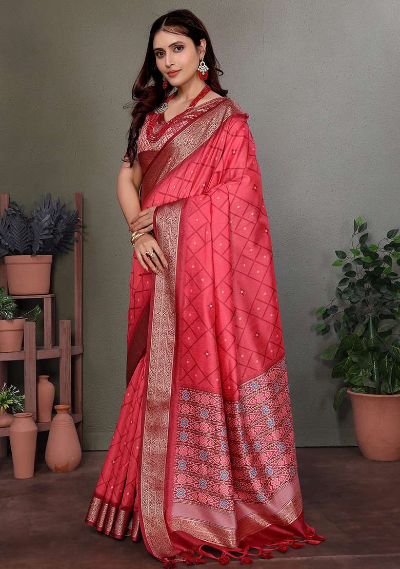 Carrot Red Woven Silk Blend Saree Set for Diwali and Festive Wear - Indya
