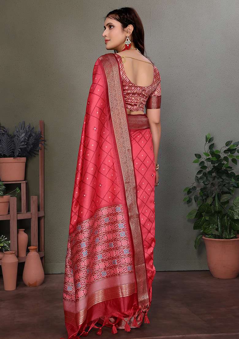Carrot Red Woven Silk Blend Saree Set for Diwali and Festive Wear - Indya