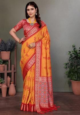Orange Woven Silk Saree Set