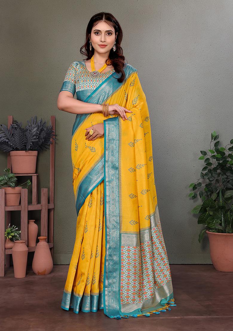 Yellow Woven Silk Saree Set