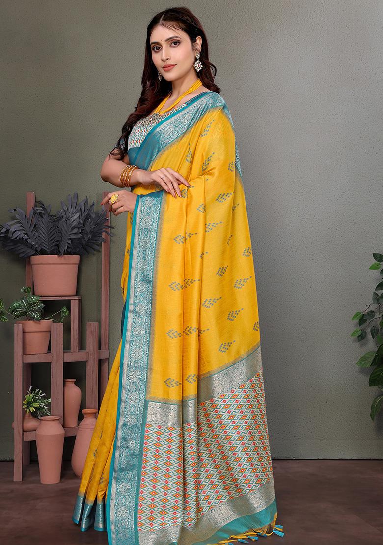 Yellow Woven Silk Saree Set