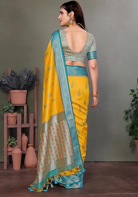 Yellow Woven Silk Saree Set