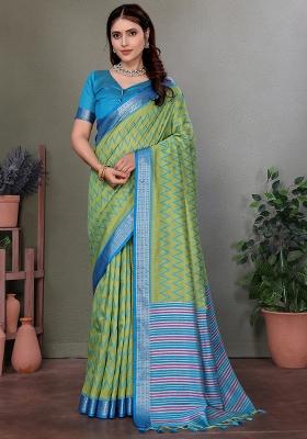 Parrot Green Solid Silk Saree Set