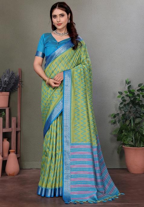 Parrot Green Solid Silk Saree Set