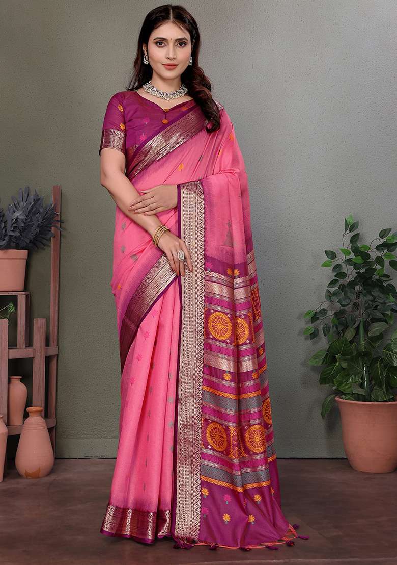 Pink Floral Silk Blend Saree Set for Diwali and Festive Wear - Indya