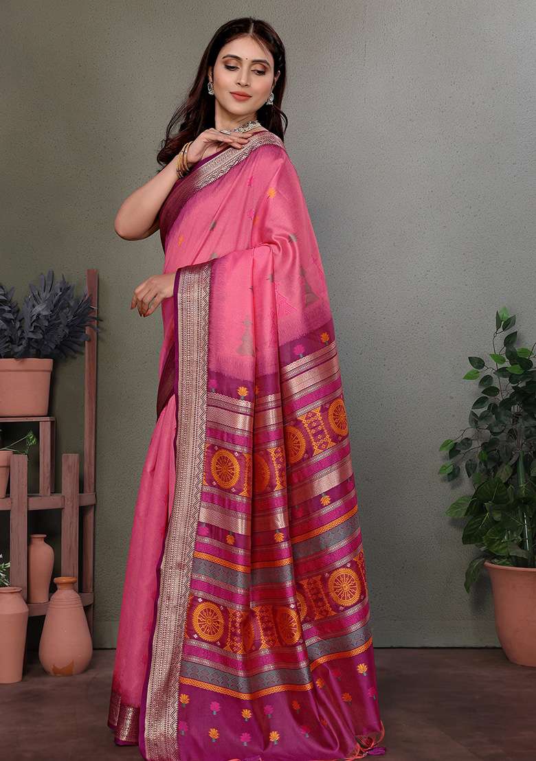 Pink Floral Silk Blend Saree Set for Diwali and Festive Wear - Indya