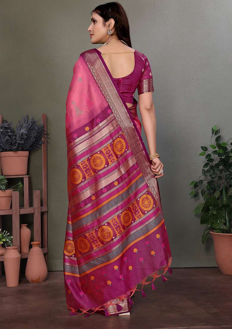 Pink Floral Silk Blend Saree Set for Diwali and Festive Wear - Indya