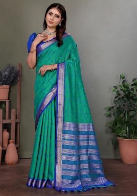 Peacock Green Solid Silk Saree Set