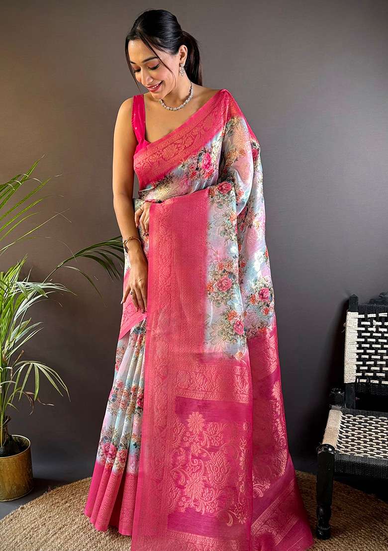 Pink Floral Silk Saree Set - Indya