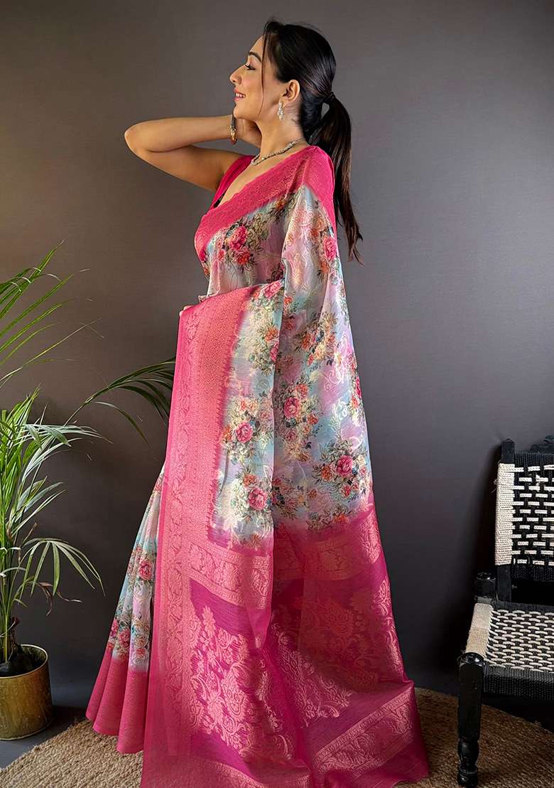 Pink Floral Silk Saree Set - Indya