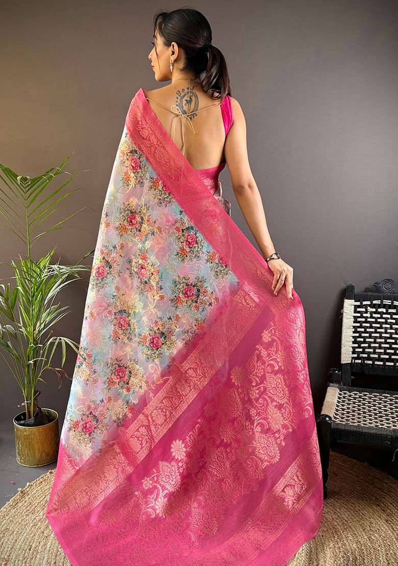 Pink Floral Silk Saree Set - Indya