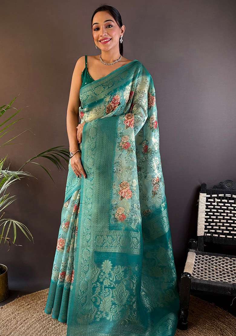 Teal Floral Silk Saree Set - Indya