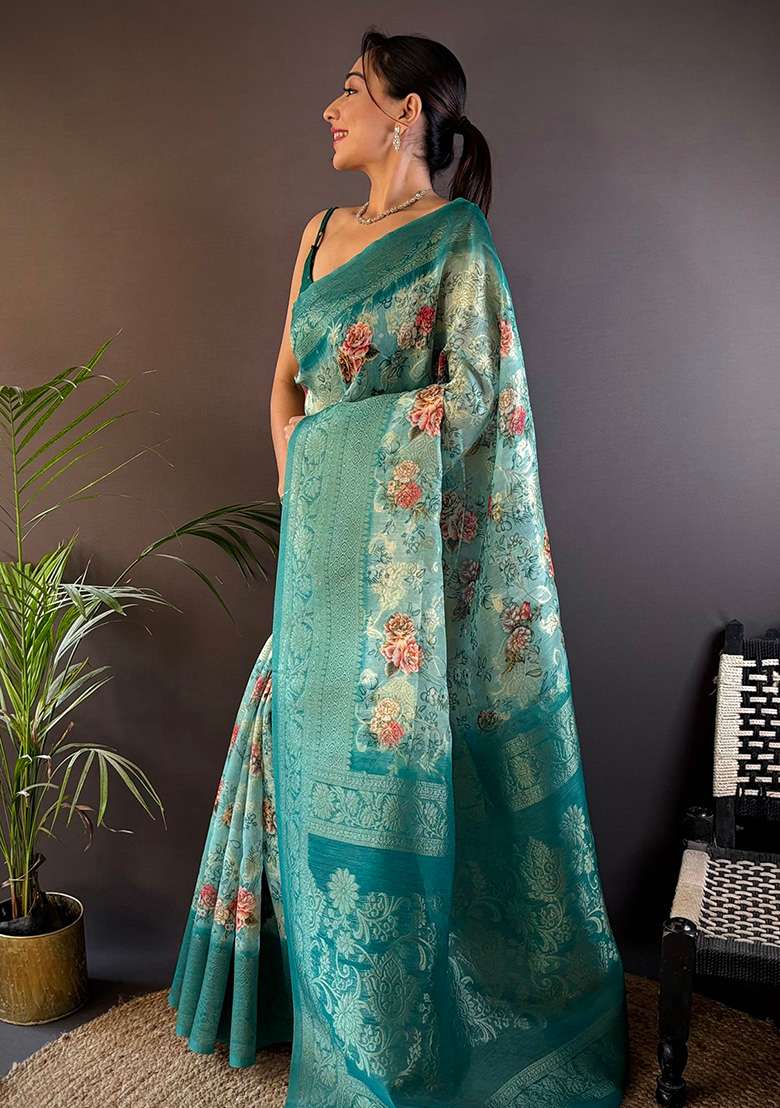 Teal Floral Silk Saree Set - Indya