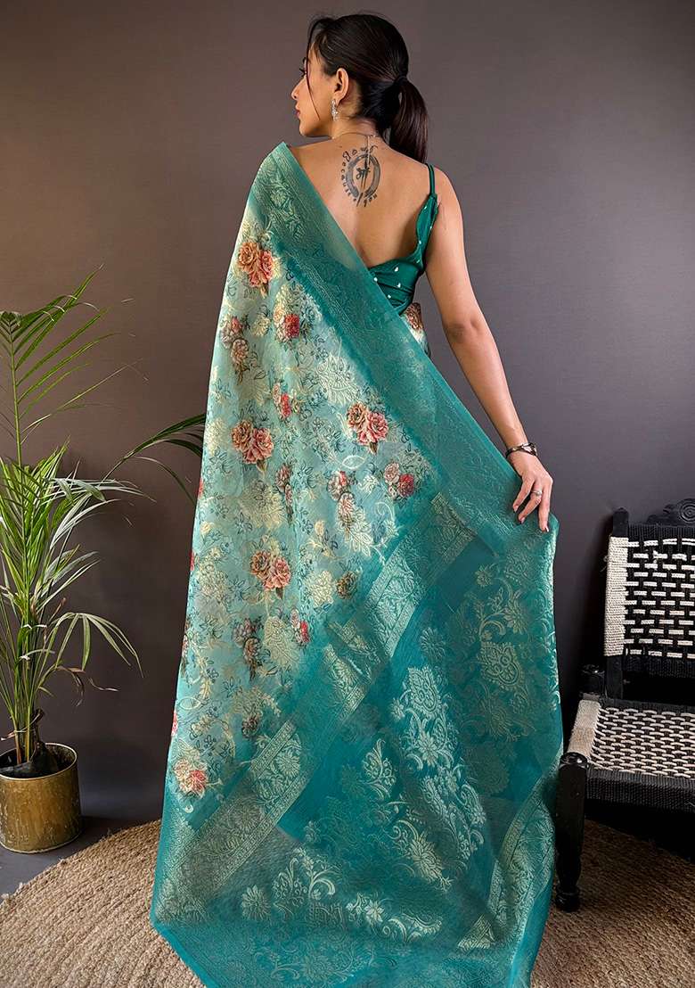 Teal Floral Silk Saree Set - Indya