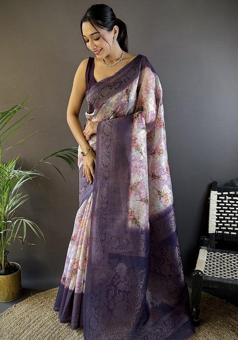 Light Purple Floral Silk Saree Set