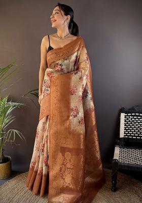 Brown Floral Silk Saree Set