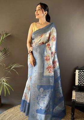 Sky Blue Floral Silk Saree Set