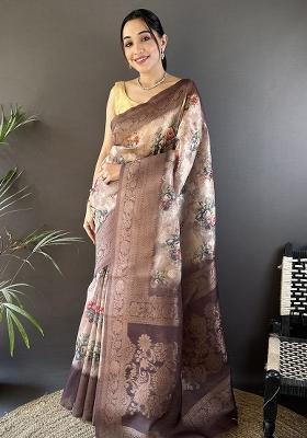 Brown Floral Silk Saree Set