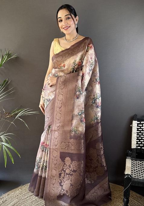Brown Floral Silk Saree Set