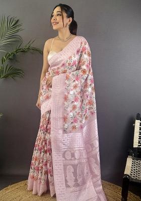 Pastel Pink Floral Silk Saree Set