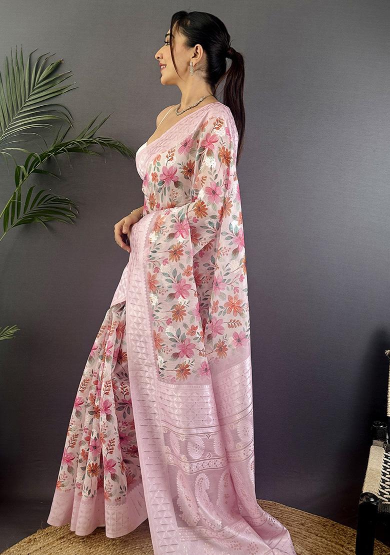 Pastel Pink Floral Silk Saree Set