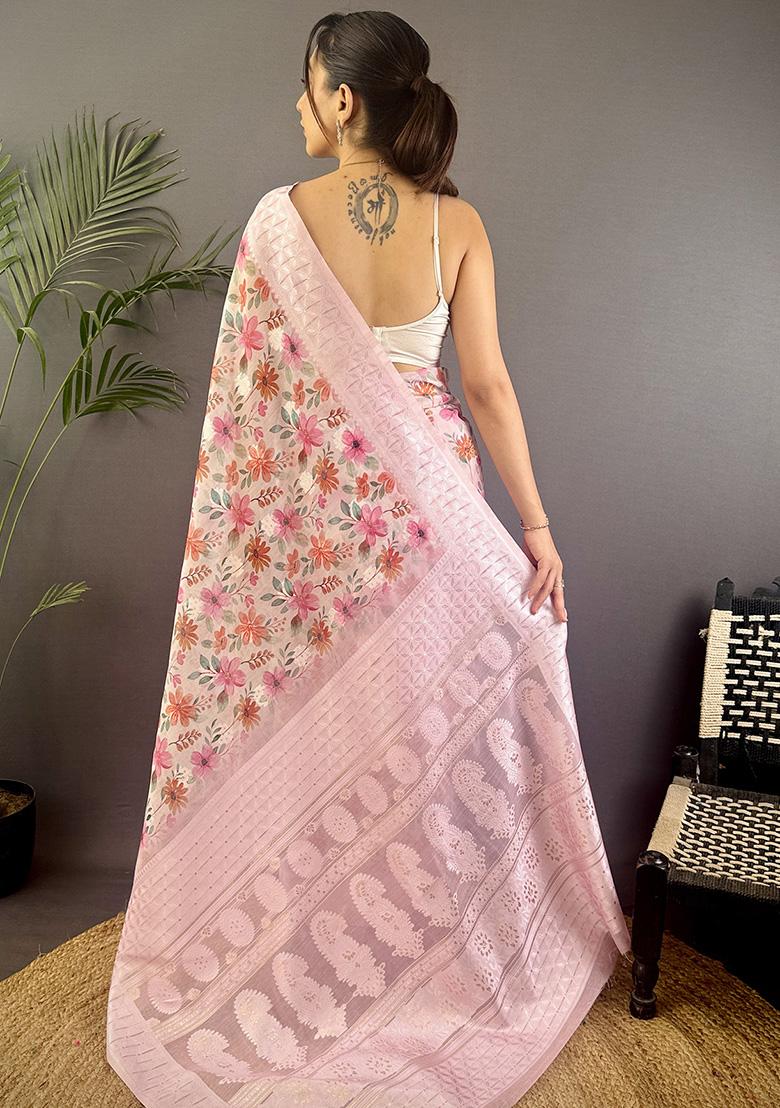Pastel Pink Floral Silk Saree Set