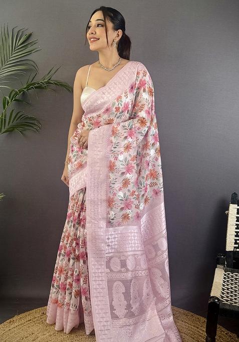 Pastel Pink Floral Silk Saree Set