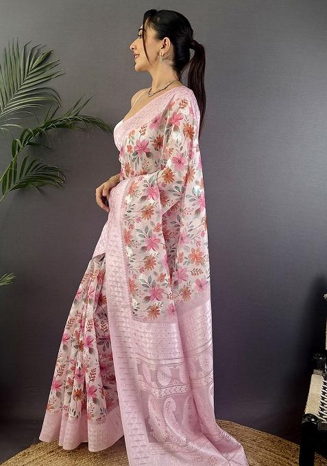 Pastel Pink Floral Silk Saree Set