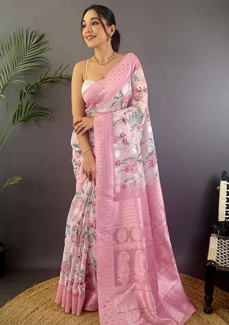 Baby Pink Floral Silk Blend Saree Set for Diwali and Festive Wear - Indya