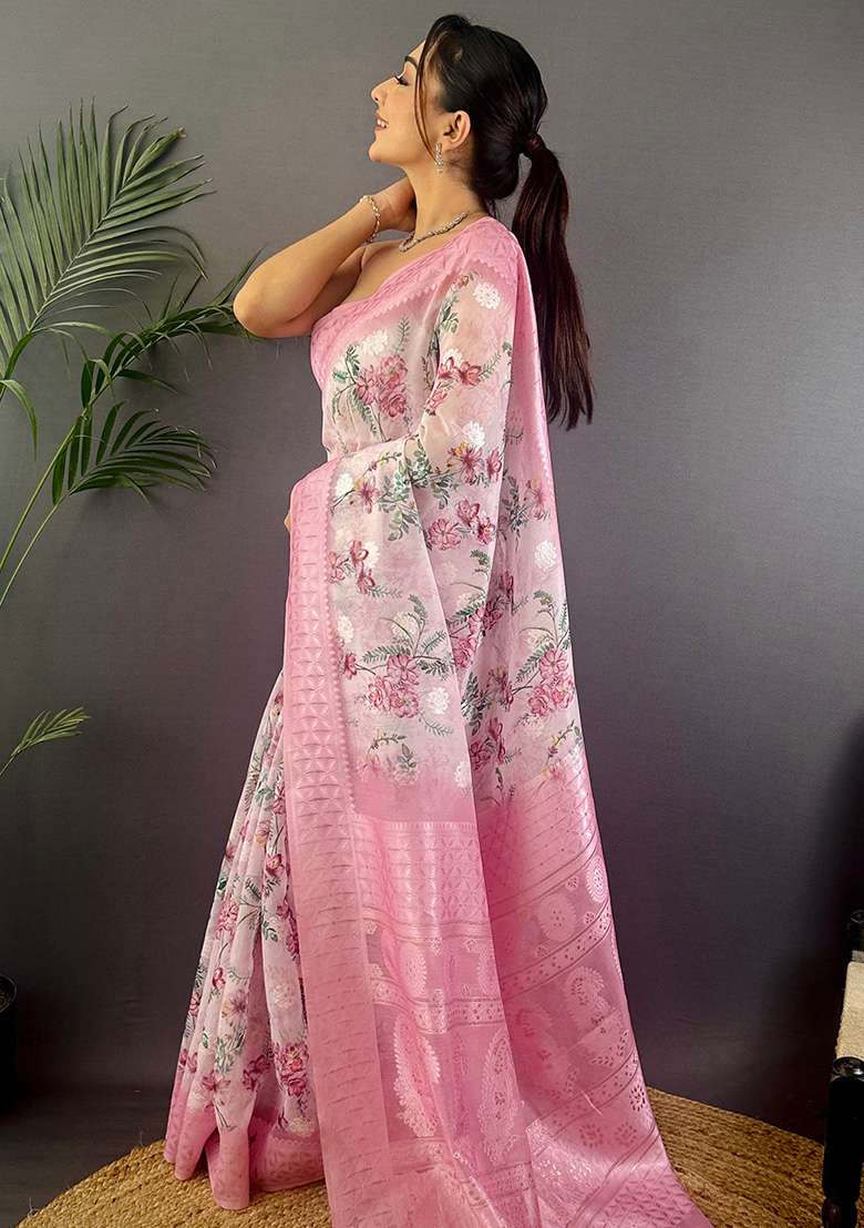 Baby Pink Floral Silk Blend Saree Set for Diwali and Festive Wear - Indya