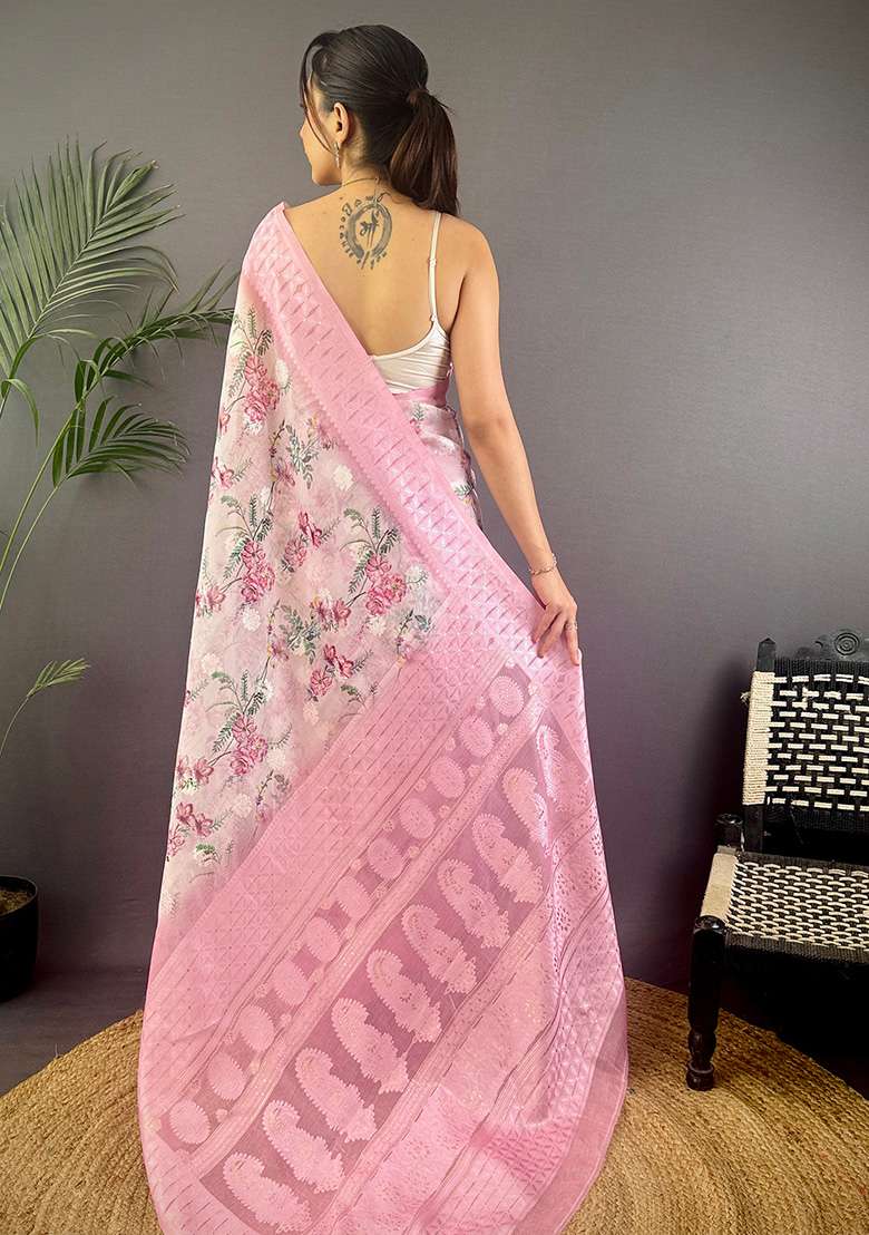 Baby Pink Floral Silk Blend Saree Set for Diwali and Festive Wear - Indya